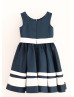 Navy Blue Ivory Satin Stripes Knee Length Flower Girl Dress 